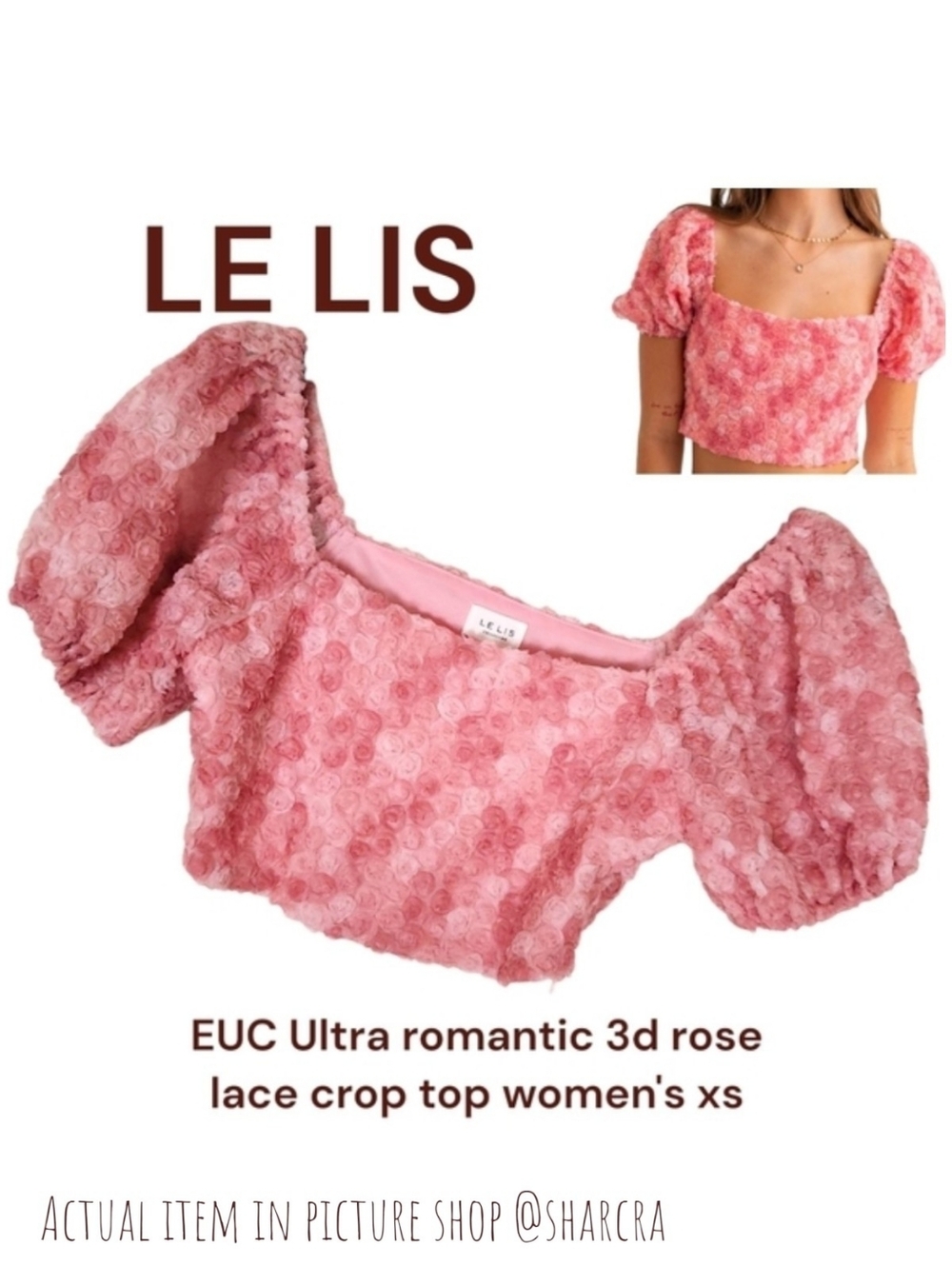 Le Lis Collection Women's Mult Tone Pink 3d Rose Tulle Crop Top Puff Sleeves xs